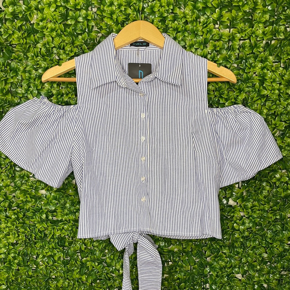 NWT Blue/White Striped Crop Blouse with Open Back